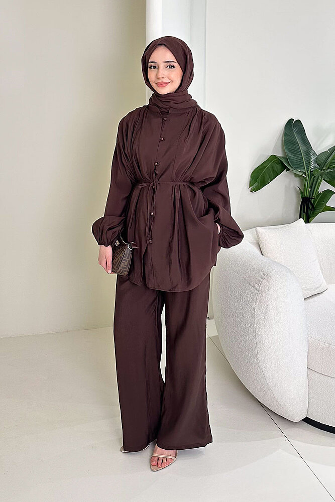 Pile Detaylı Pantolon Takım - Kahverengi - 4