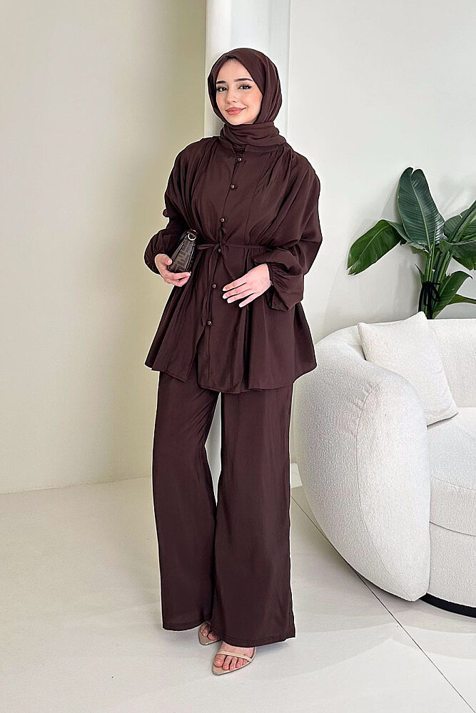 Pile Detaylı Pantolon Takım - Kahverengi - ENMA (0)