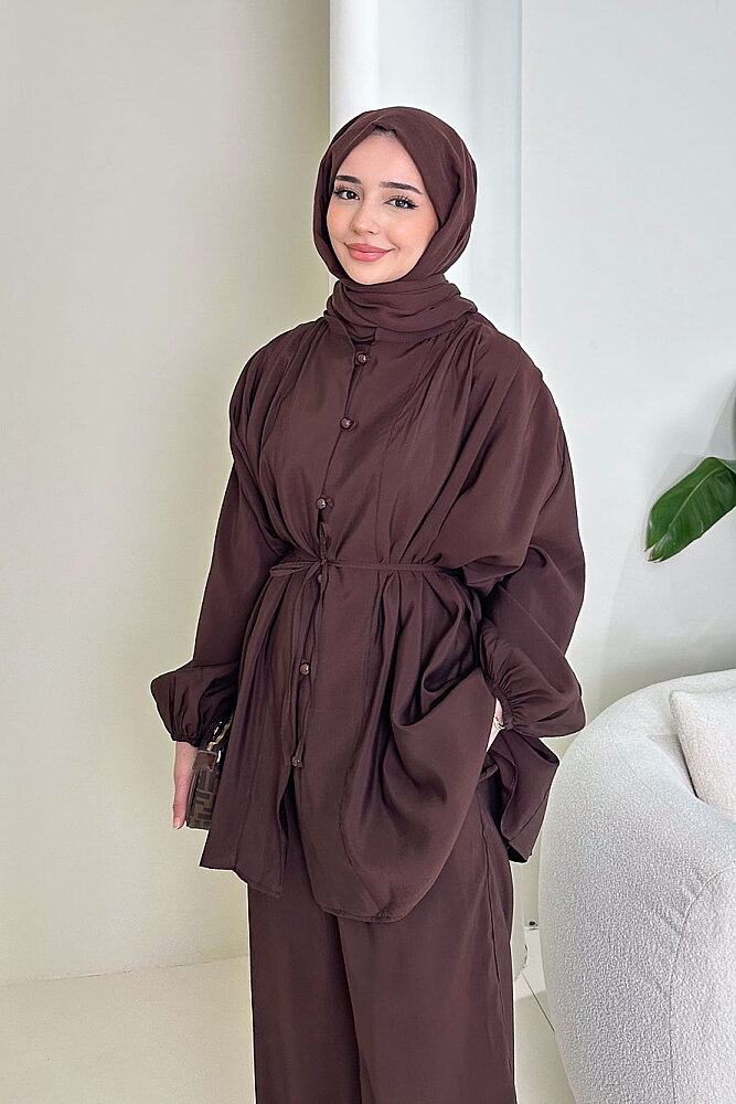 Pile Detaylı Pantolon Takım - Kahverengi - 2