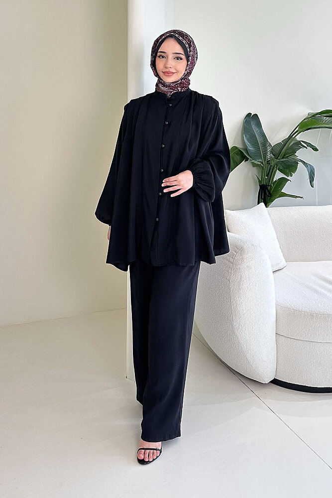 Pile Detaylı Pantolon Takım - Siyah - 4