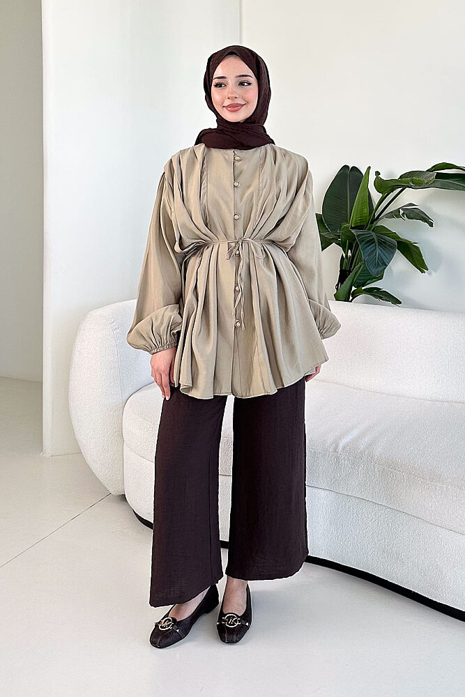 Pilise Detaylı Top Düğme Gömlek - Haki - 6