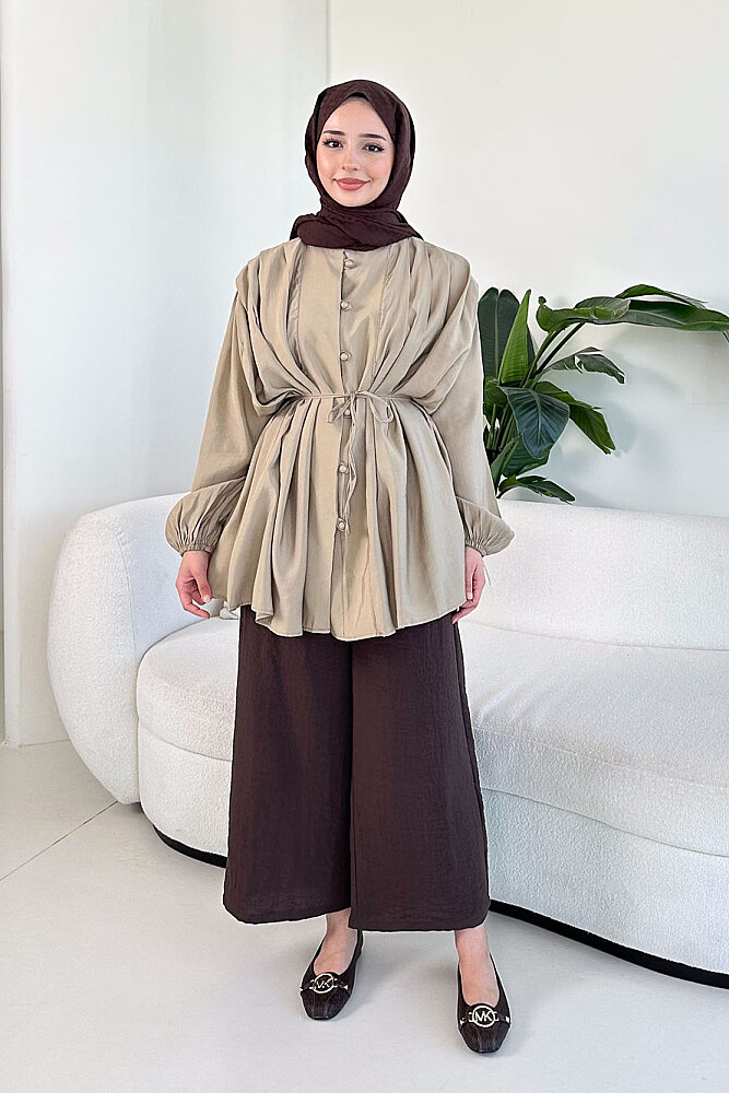 Pilise Detaylı Top Düğme Gömlek - Haki - 4