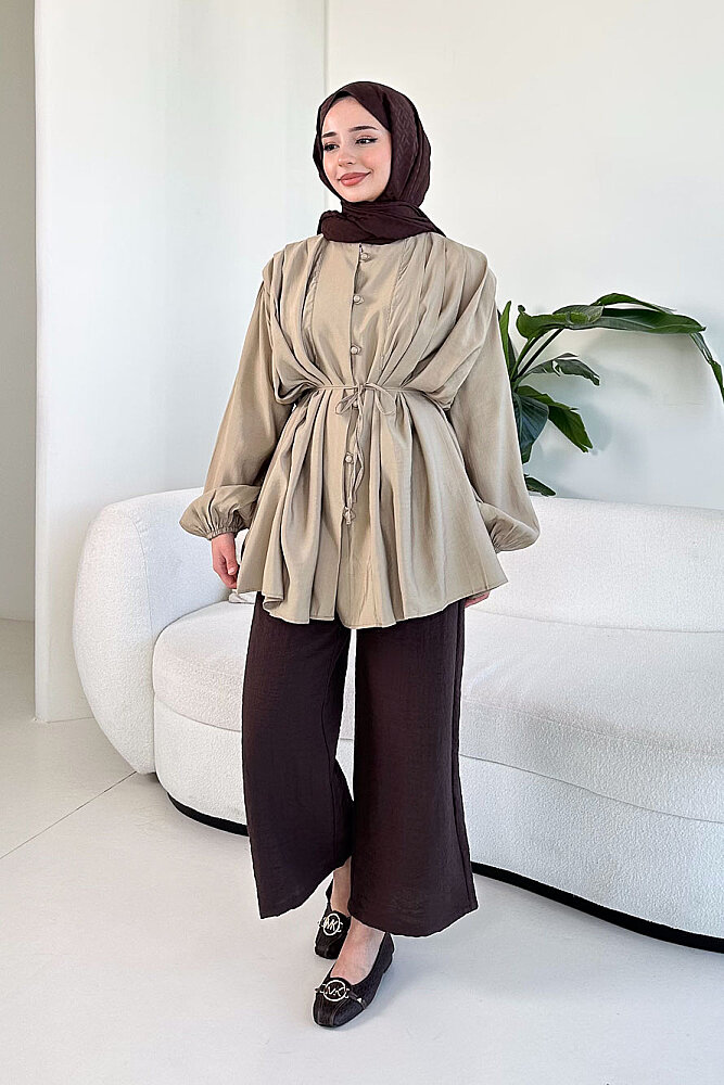 Pilise Detaylı Top Düğme Gömlek - Haki - 1