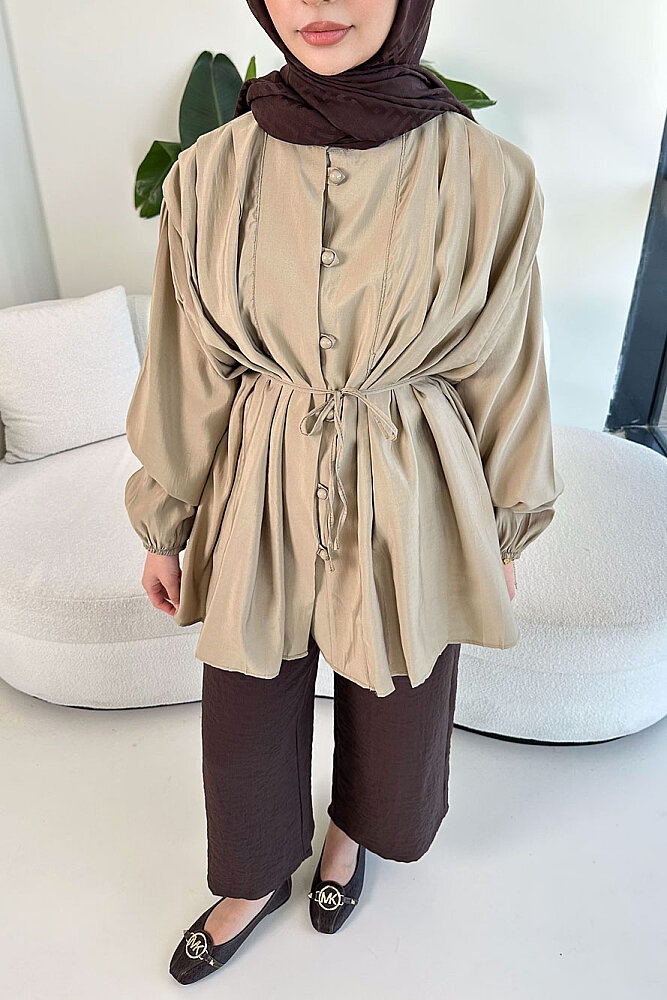 Pilise Detaylı Top Düğme Gömlek - Haki - ENMA (2)