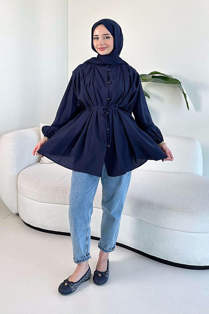 Pilise Detaylı Top Düğme Gömlek - Lacivert - 2