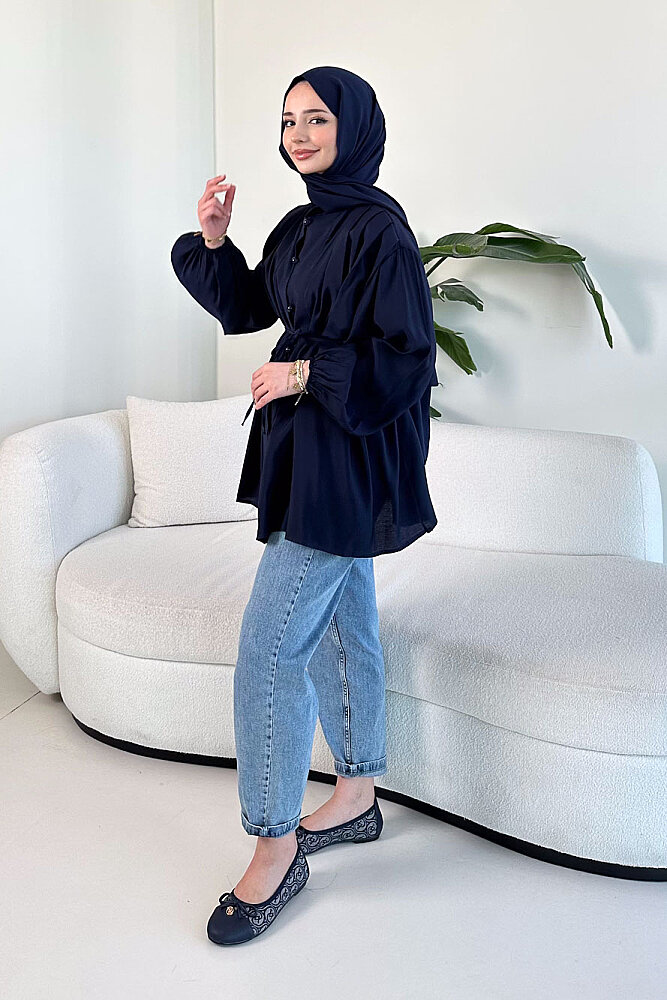 Pilise Detaylı Top Düğme Gömlek - Lacivert - ENMA (0)