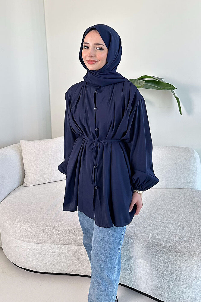 Pilise Detaylı Top Düğme Gömlek - Lacivert - 3
