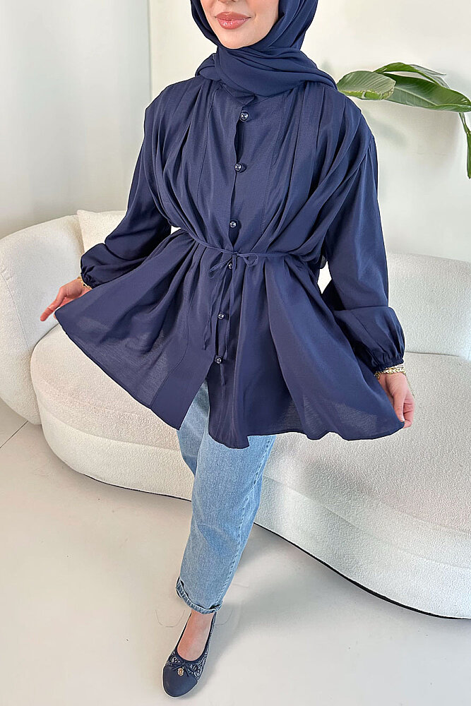 Pilise Detaylı Top Düğme Gömlek - Lacivert - 5