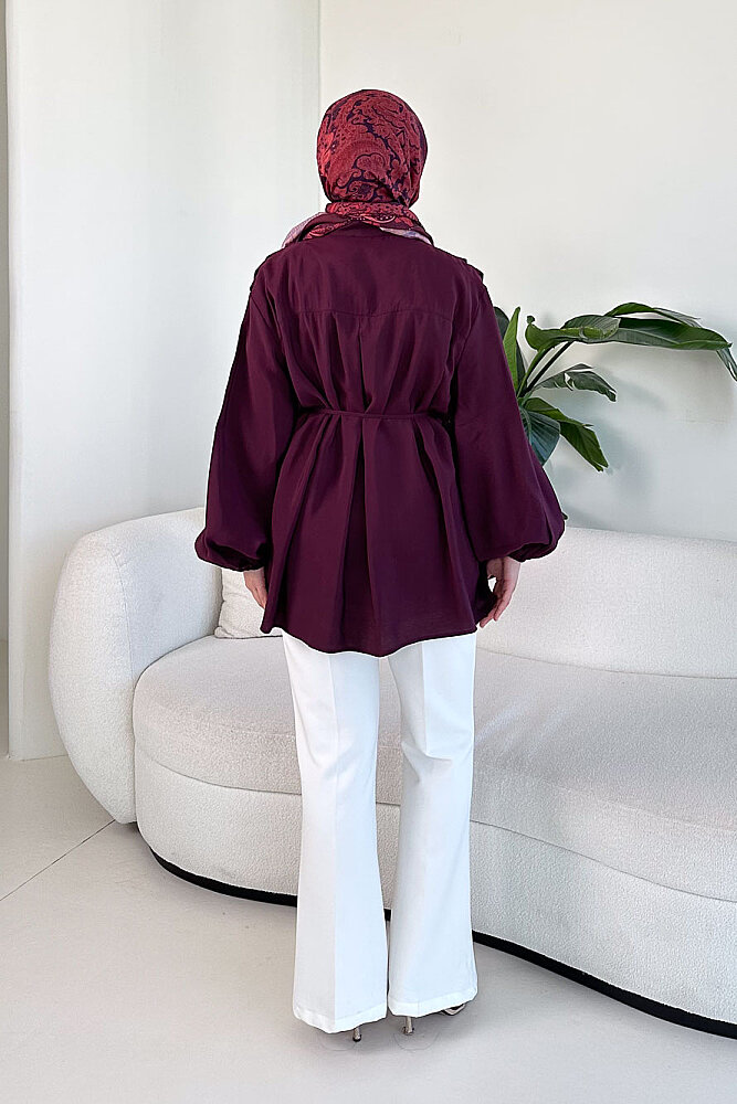 Pilise Detaylı Top Düğme Gömlek - Mürdüm - 6