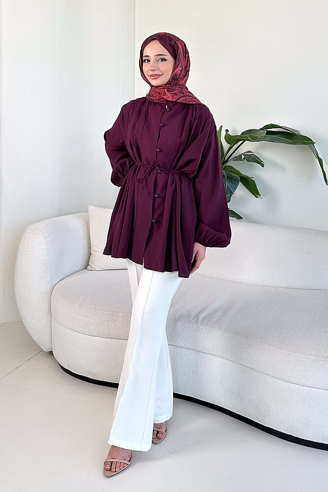 Pilise Detaylı Top Düğme Gömlek - Mürdüm - 3