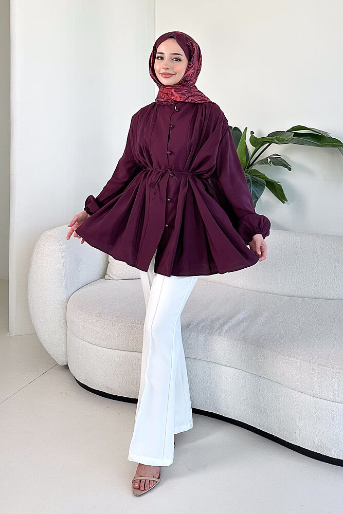 Pilise Detaylı Top Düğme Gömlek - Mürdüm - 1