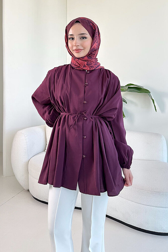 Pilise Detaylı Top Düğme Gömlek - Mürdüm - 4