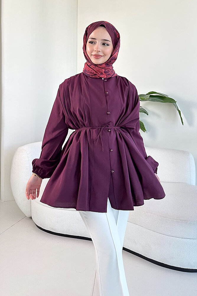 Pilise Detaylı Top Düğme Gömlek - Mürdüm - 2