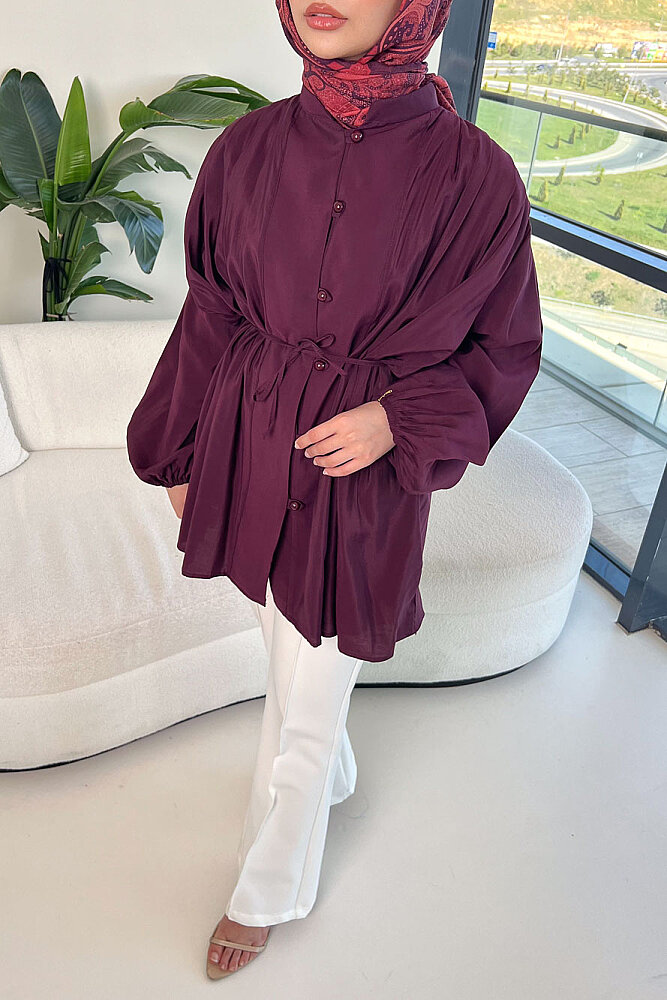 Pilise Detaylı Top Düğme Gömlek - Mürdüm - ENMA (4)