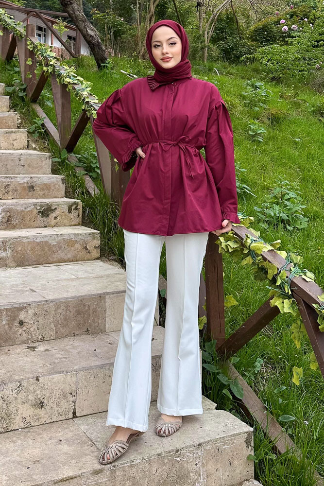 Pilise Detaylı Uzun Gömlek - Bordo - 1