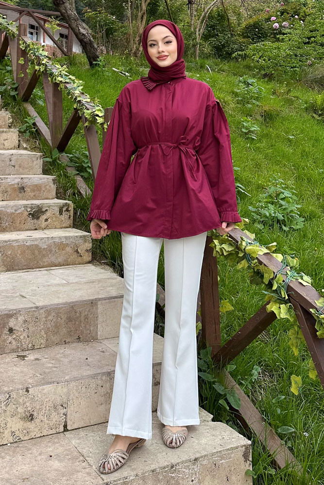 Pilise Detaylı Uzun Gömlek - Bordo - 3