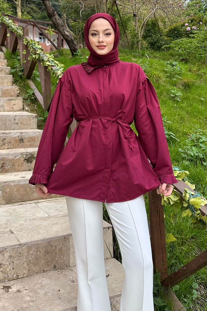 Pilise Detaylı Uzun Gömlek - Bordo - 5