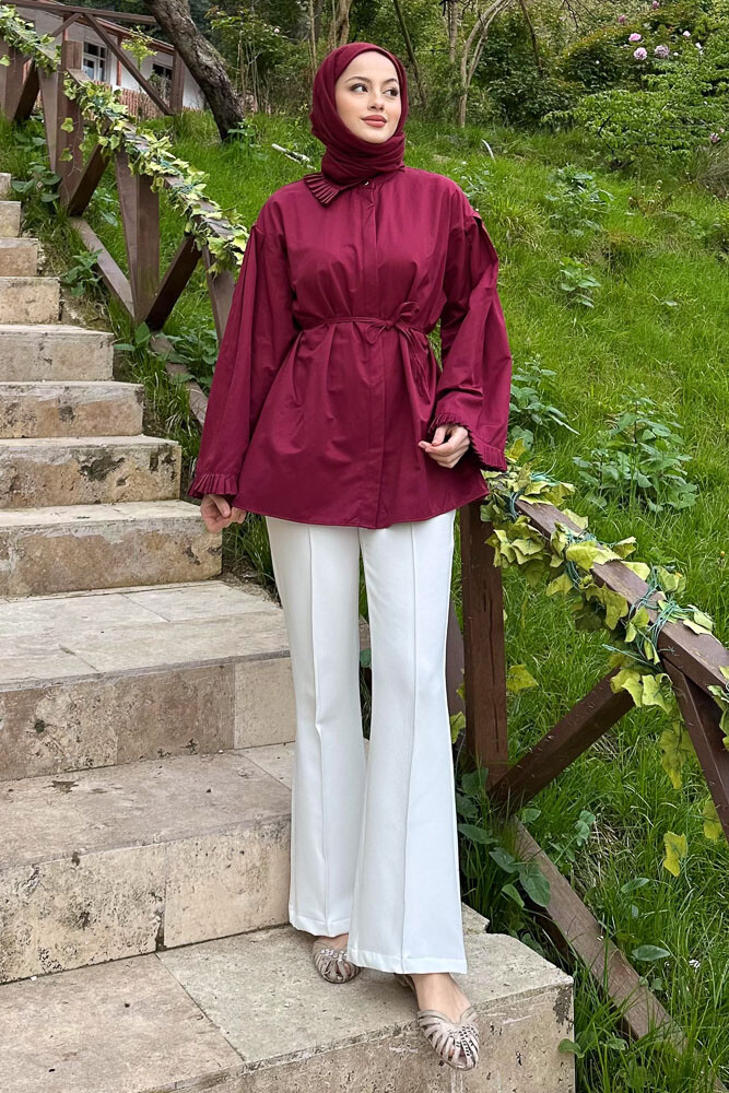 Pilise Detaylı Uzun Gömlek - Bordo - 4