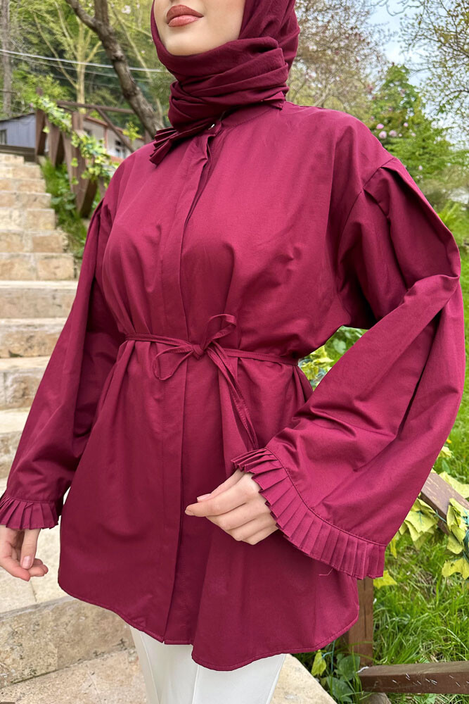 Pilise Detaylı Uzun Gömlek - Bordo - 6