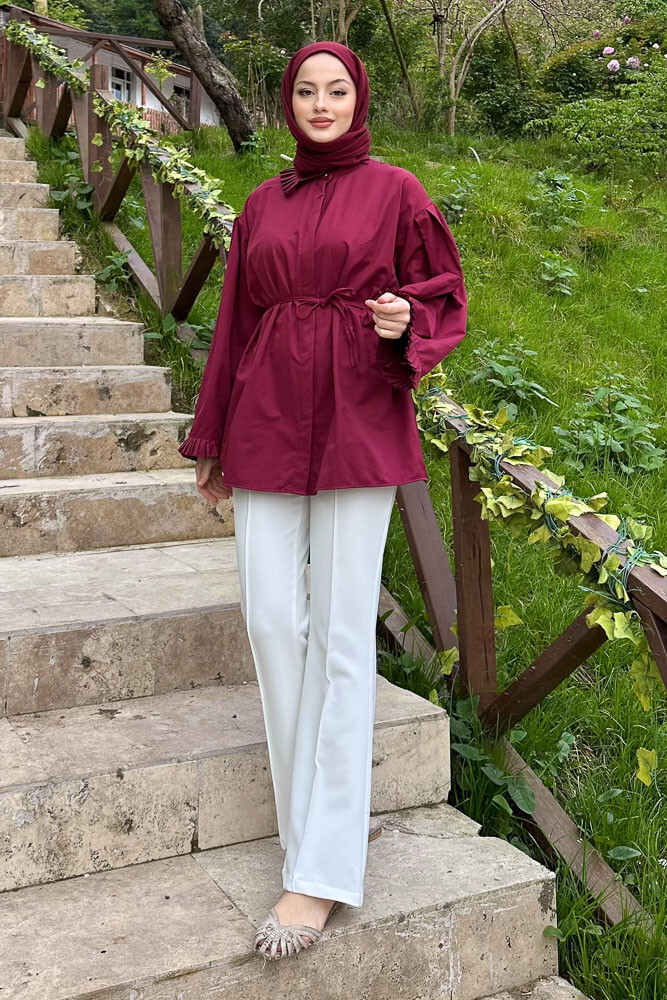 Pilise Detaylı Uzun Gömlek - Bordo - 7