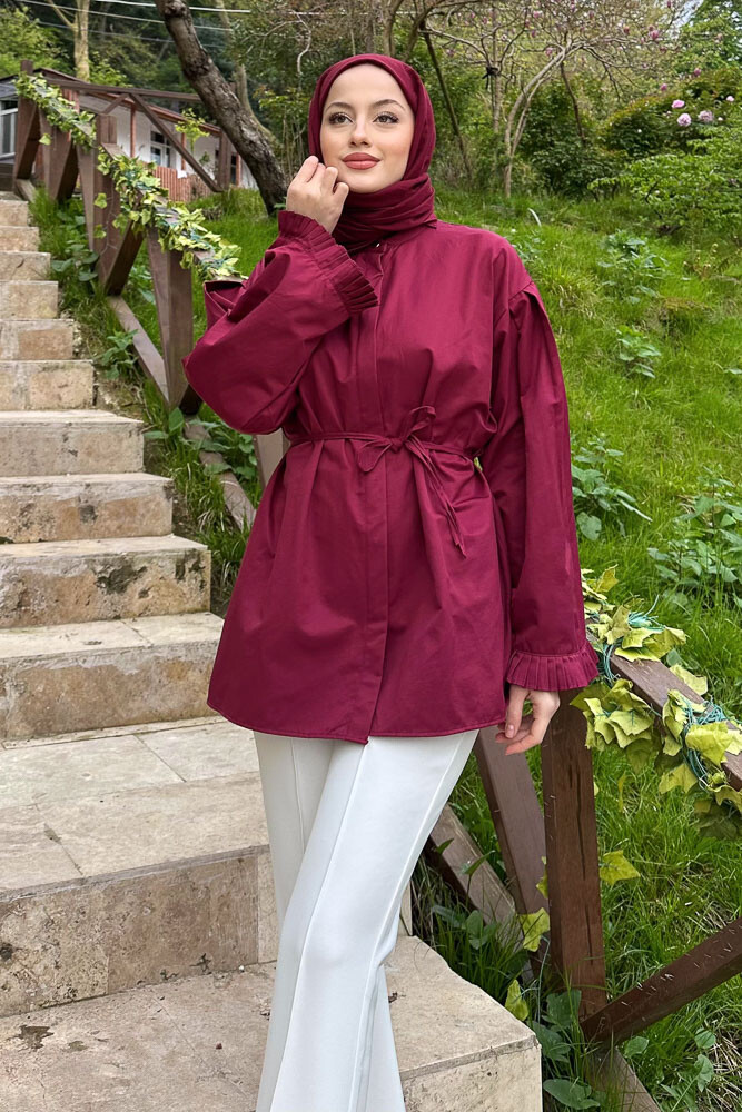 Pilise Detaylı Uzun Gömlek - Bordo - 2