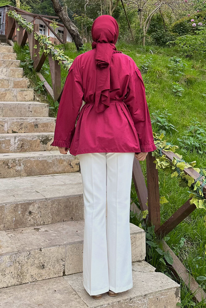 Pilise Detaylı Uzun Gömlek - Bordo - 8