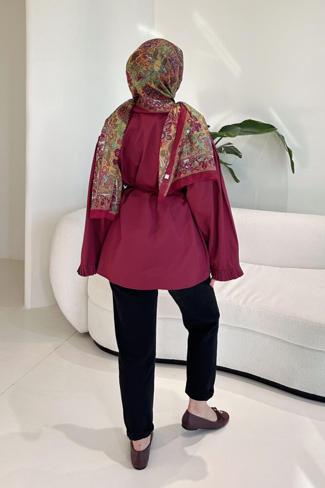 Pilise Detaylı Uzun Gömlek - Bordo - 8