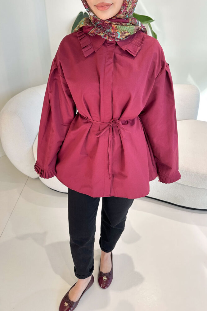 Pilise Detaylı Uzun Gömlek - Bordo - 3
