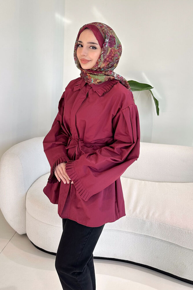 Pilise Detaylı Uzun Gömlek - Bordo - 5