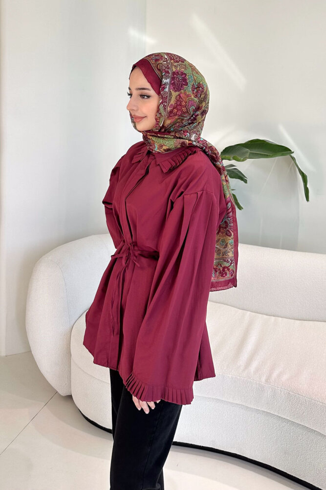 Pilise Detaylı Uzun Gömlek - Bordo - HENZA (5)