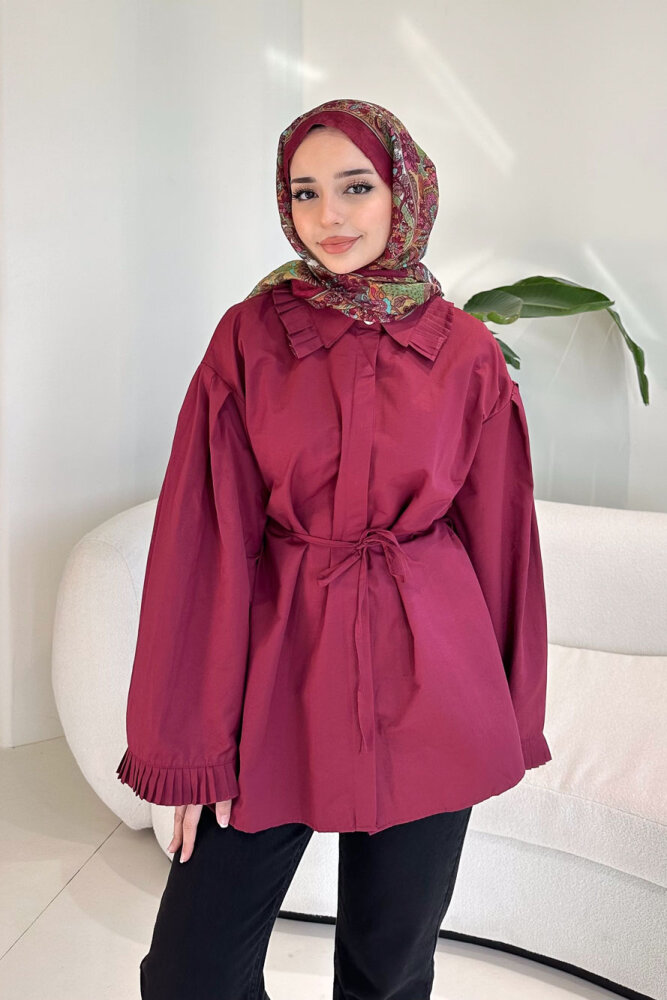 Pilise Detaylı Uzun Gömlek - Bordo - 4