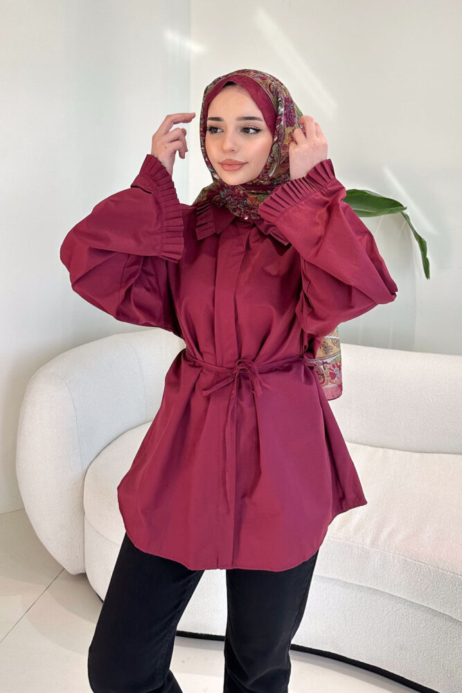 Pilise Detaylı Uzun Gömlek - Bordo - 1