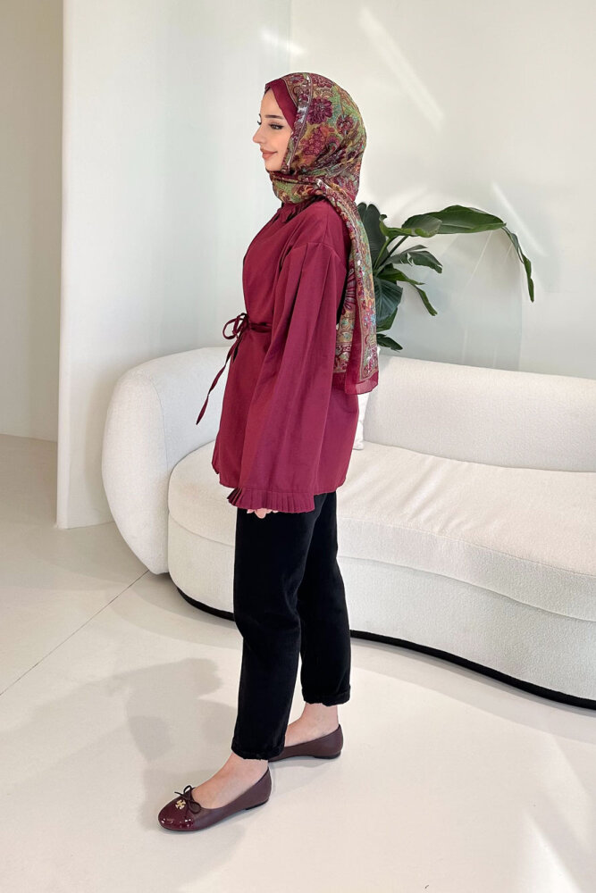 Pilise Detaylı Uzun Gömlek - Bordo - 7