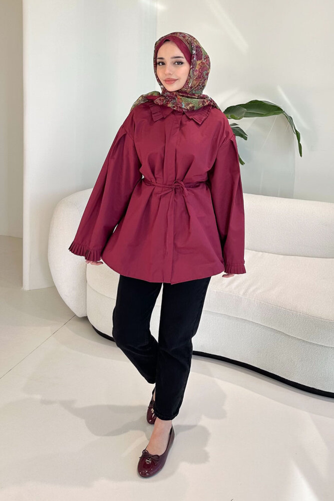 Pilise Detaylı Uzun Gömlek - Bordo - HENZA (1)