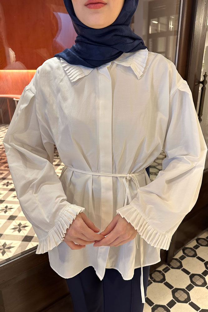 Pilise Detaylı Uzun Gömlek - Ekru - HENZA (4)