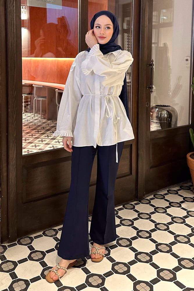 Pilise Detaylı Uzun Gömlek - Ekru - HENZA (3)