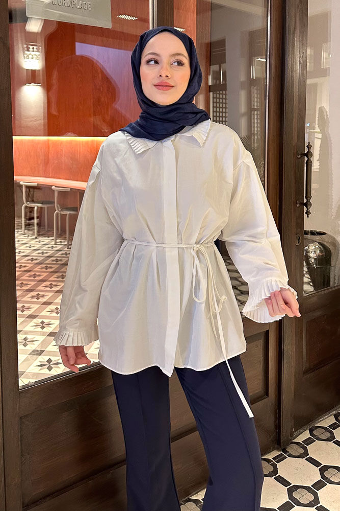 Pilise Detaylı Uzun Gömlek - Ekru - HENZA (2)