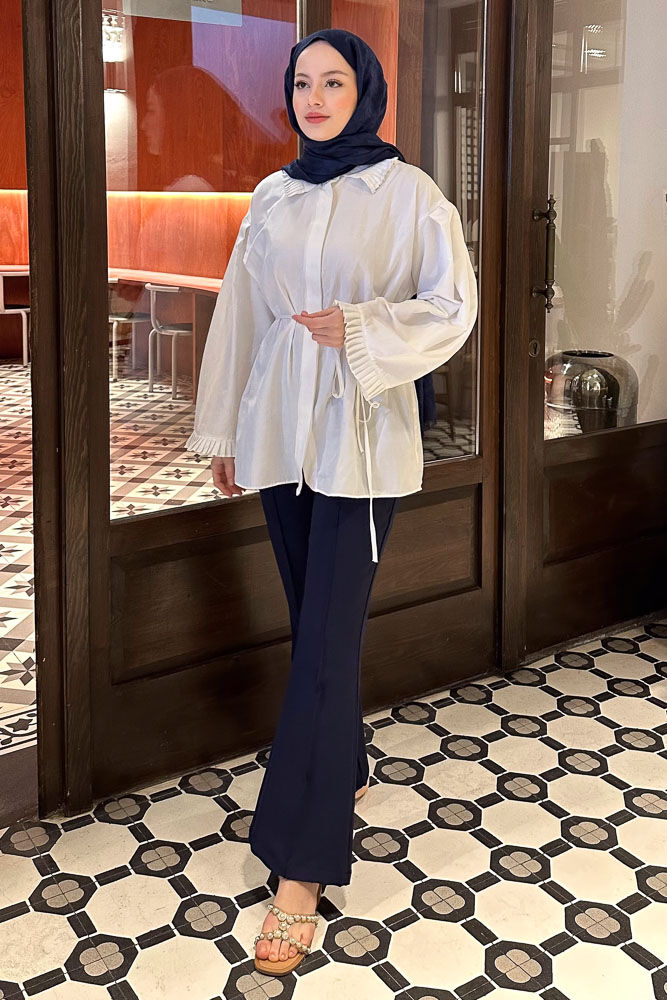 Pilise Detaylı Uzun Gömlek - Ekru - HENZA (1)