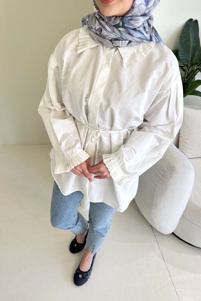 Pilise Detaylı Uzun Gömlek - Ekru - HENZA (3)
