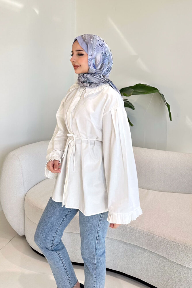 Pilise Detaylı Uzun Gömlek - Ekru - 2