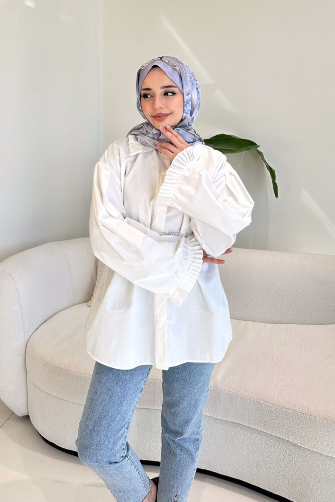 Pilise Detaylı Uzun Gömlek - Ekru - HENZA (0)