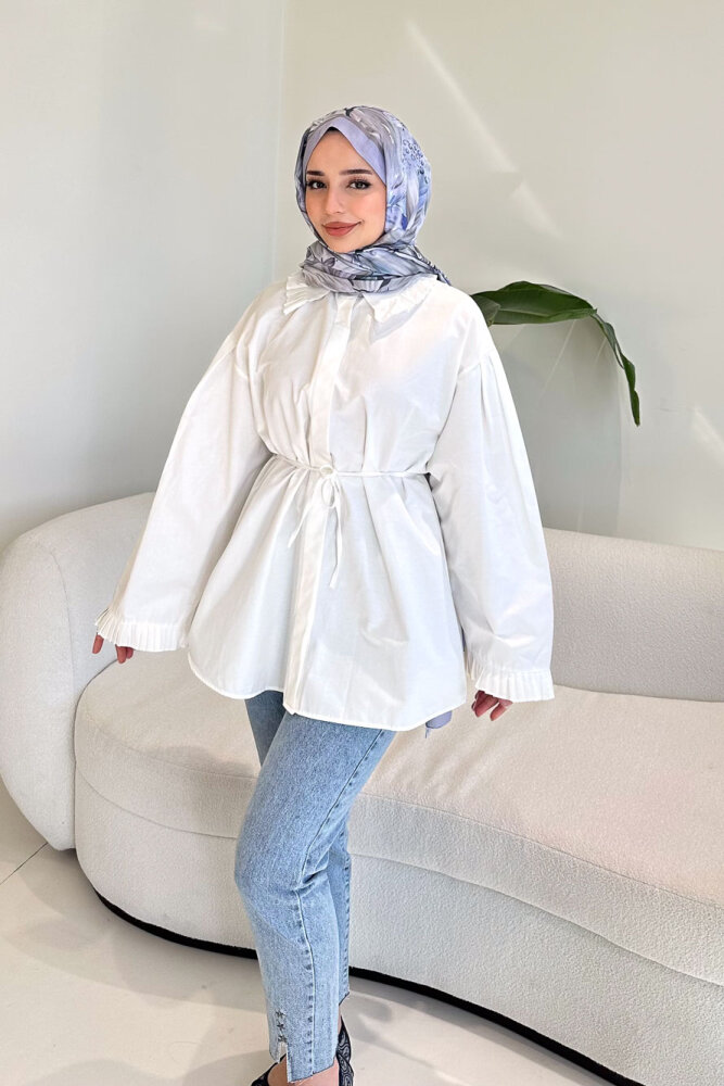 Pilise Detaylı Uzun Gömlek - Ekru - 5