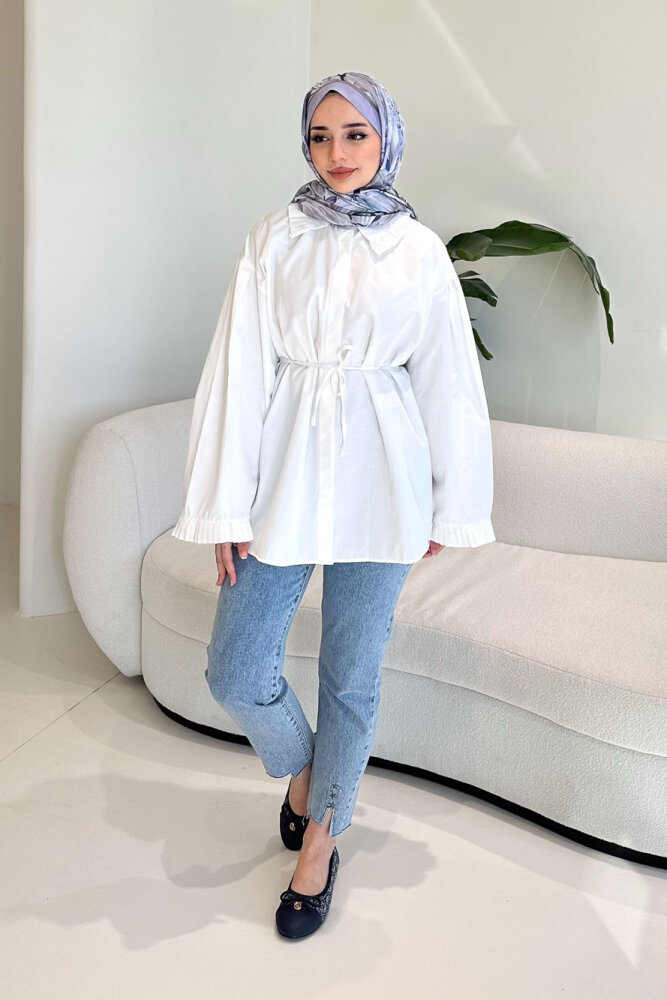 Pilise Detaylı Uzun Gömlek - Ekru - HENZA (2)