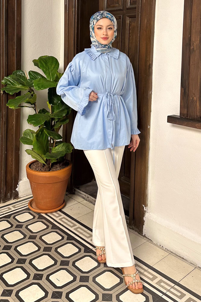 Pilise Detaylı Uzun Gömlek - Mavi - HENZA (4)