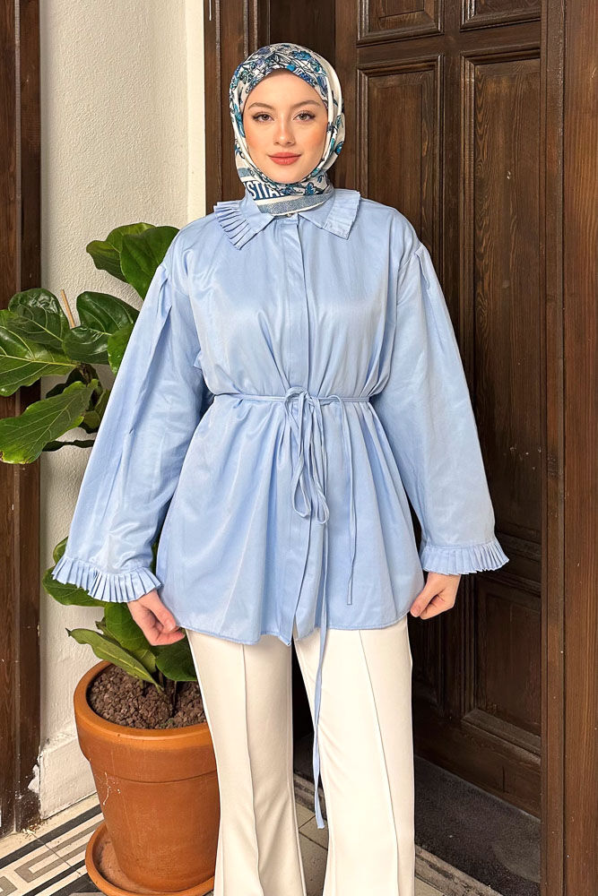 Pilise Detaylı Uzun Gömlek - Mavi - HENZA (5)