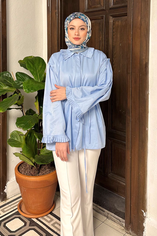 Pilise Detaylı Uzun Gömlek - Mavi - HENZA (3)