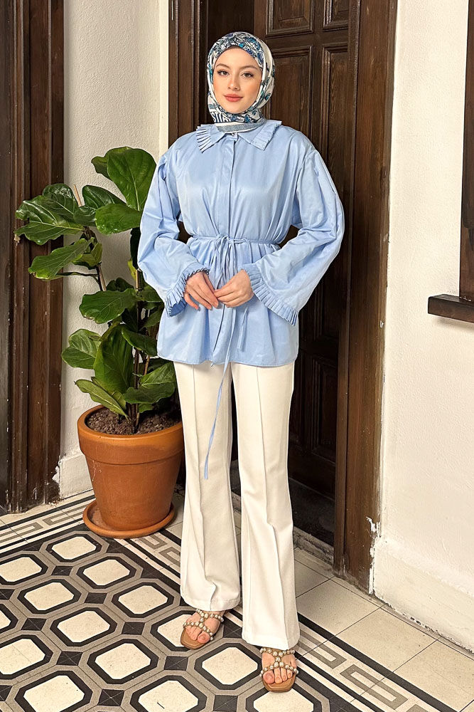 Pilise Detaylı Uzun Gömlek - Mavi - HENZA (2)