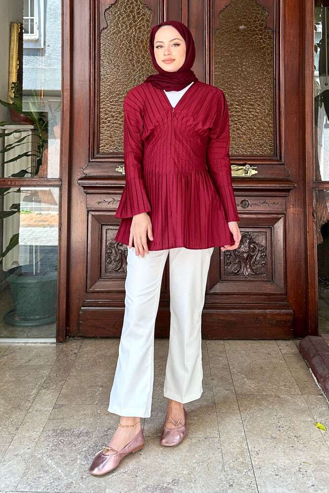Piliseli Fermuarlı Gömlek - Bordo - 3