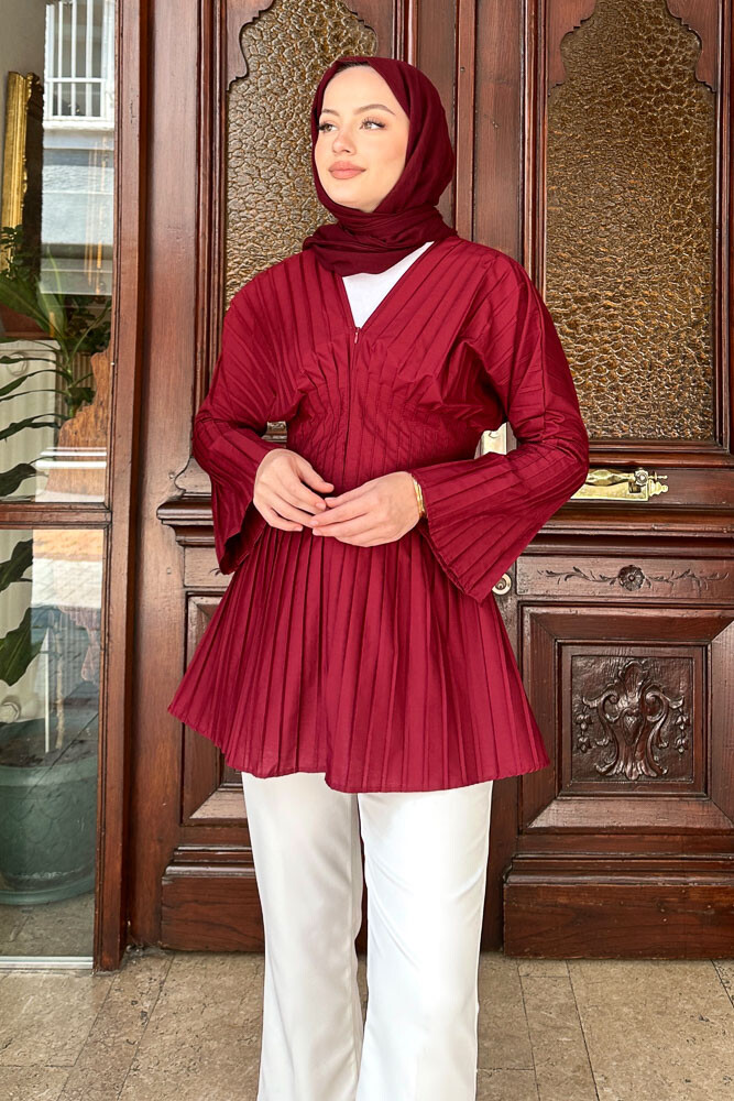 Piliseli Fermuarlı Gömlek - Bordo - HENZA (1)