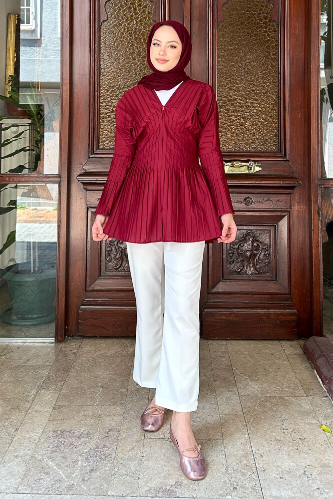 Piliseli Fermuarlı Gömlek - Bordo - 6